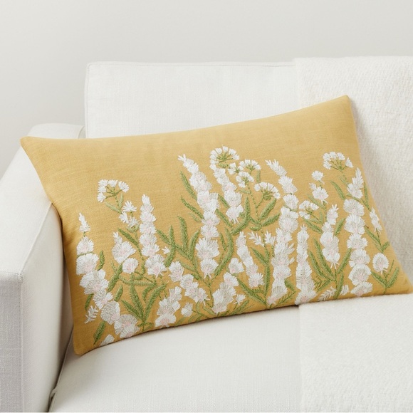 Pottery Barn Grace Floral Embroidered Yellow Lumbar Pillow Cover BNWT